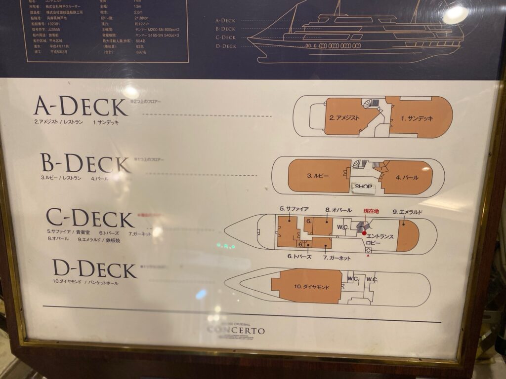 神戸クルーズディナーコンチェルトに乗ってきた！記念日おすすめの大人デート！船内地図